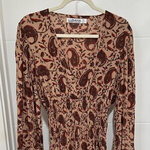 Anthropologie Lusana Beige Paisley Long-Sleeve Smocked-Waist Dress